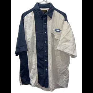 Rustler by Wrangler L Two Tone Western Shirt Blue Cream Panel Button Up Vintage